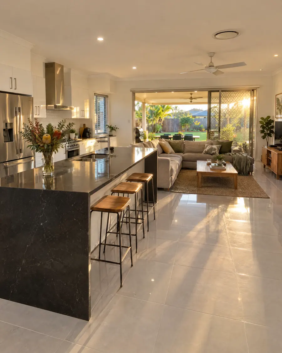 A freshly cleaned open-plan kitchen and living room