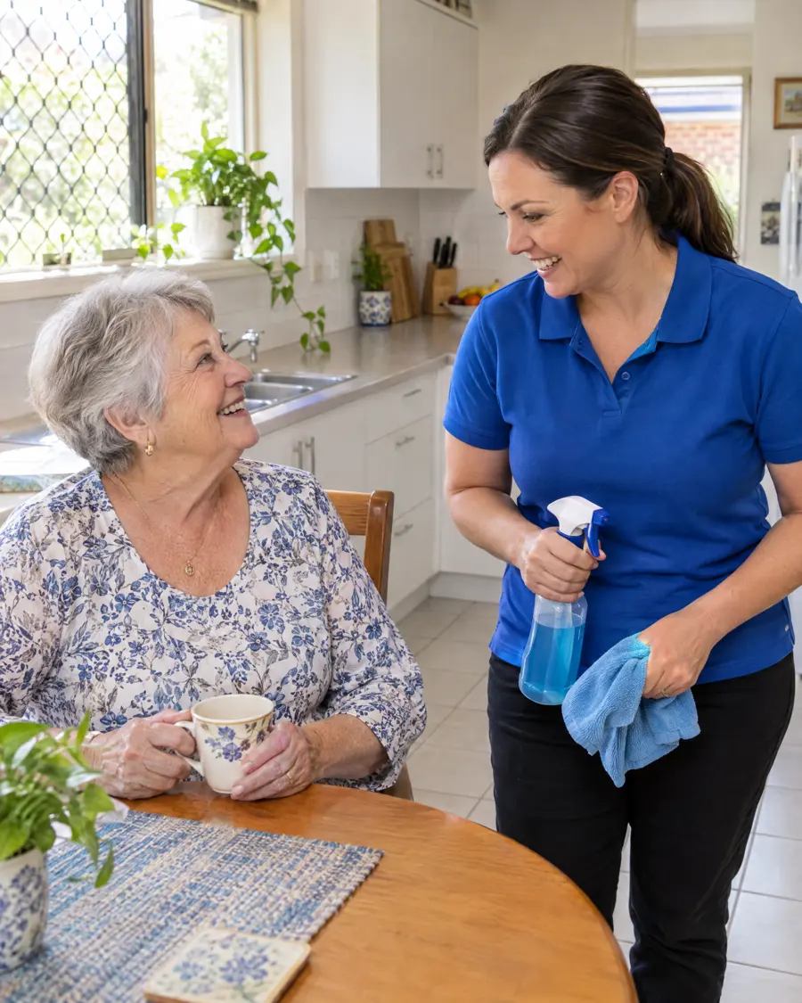 A Crystal Shine cleaner chatting with an older client in her kitchen